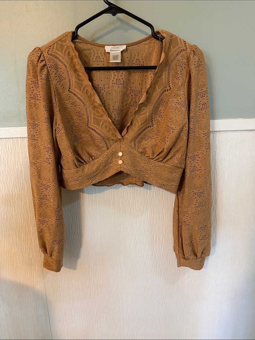 Urban Romantics Tan Eyelet V-Neck Cropped Blouse